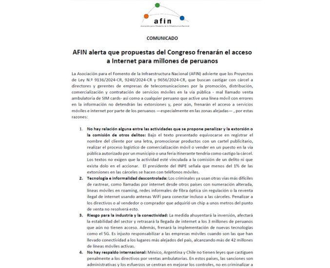 AFIN alerta que propuestas del Congreso frenarán el acceso a Internet para millones de peruanos
