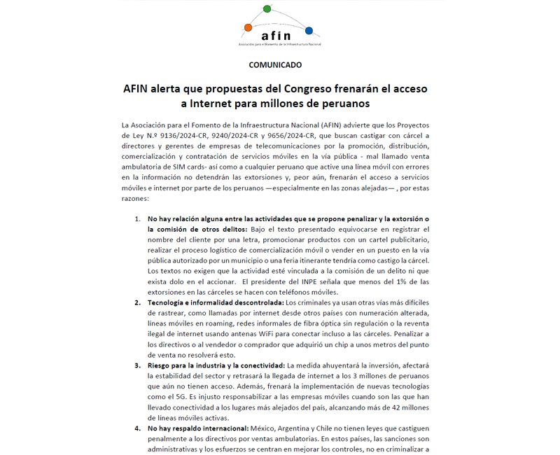 AFIN alerta que propuestas del Congreso frenarán el acceso a Internet para millones de peruanos