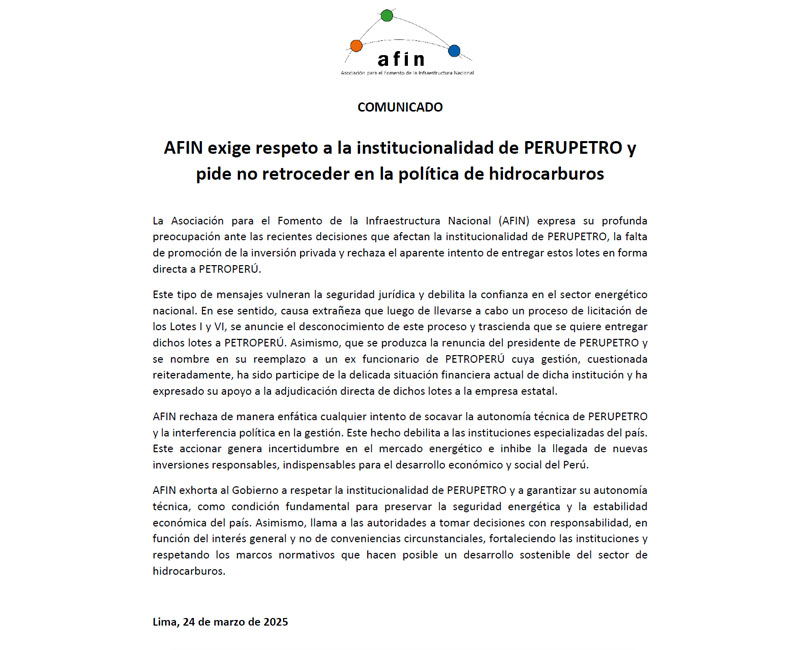 AFIN exige respeto a la institucionalidad de PERUPETRO y pide no retroceder en la política de hidrocarburos
