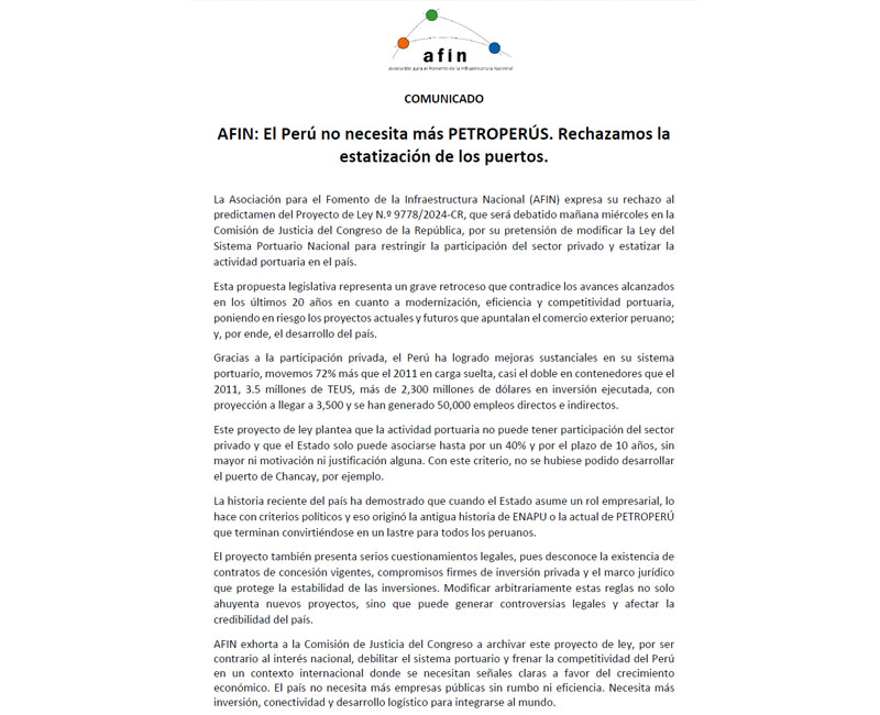 AFIN: El Perú no necesita más PETROPERÚS. Rechazamos la estatización de los puertos.