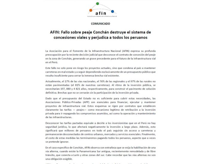 AFIN: Fallo sobre peaje Conchán destruye el sistema de concesiones viales y perjudica a todos los peruanos