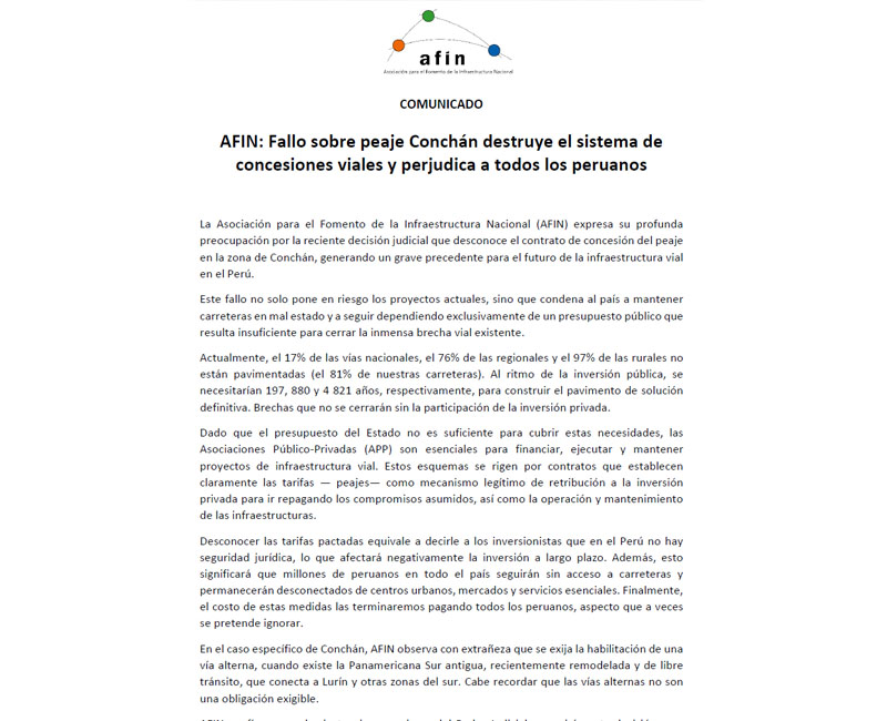 AFIN: Fallo sobre peaje Conchán destruye el sistema de concesiones viales y perjudica a todos los peruanos