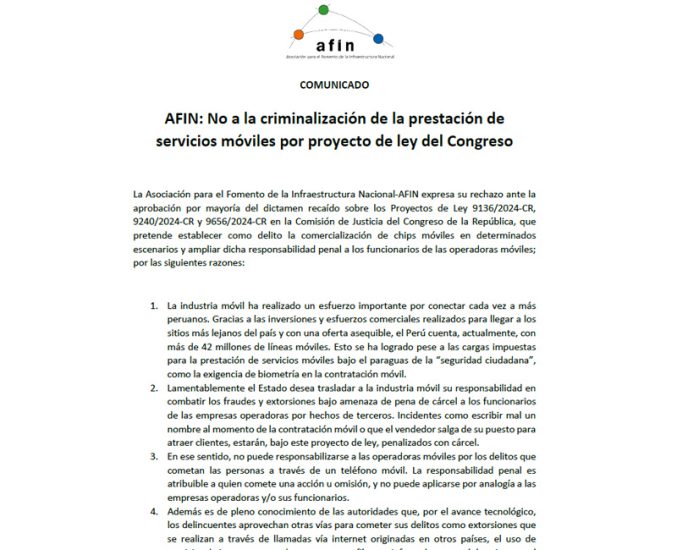 AFIN: No a la criminalización de la prestación de servicios móviles por proyecto de ley del Congreso