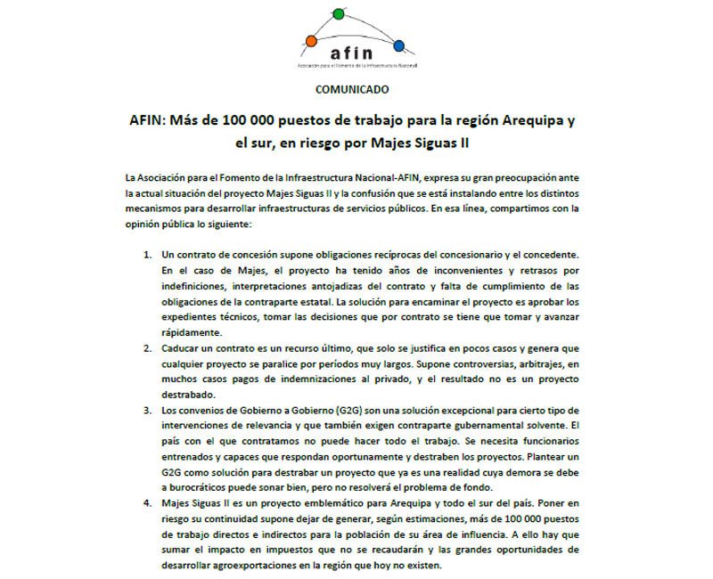 AFIN: Más de 100 000 puestos de trabajo para la región Arequipa y el sur, en riesgo por Majes Siguas II