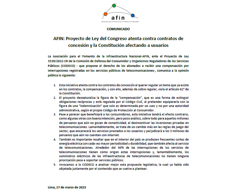 AFIN: Proyecto de Ley del Congreso atenta contra contratos de concesión y la Constitución afectando a usuarios