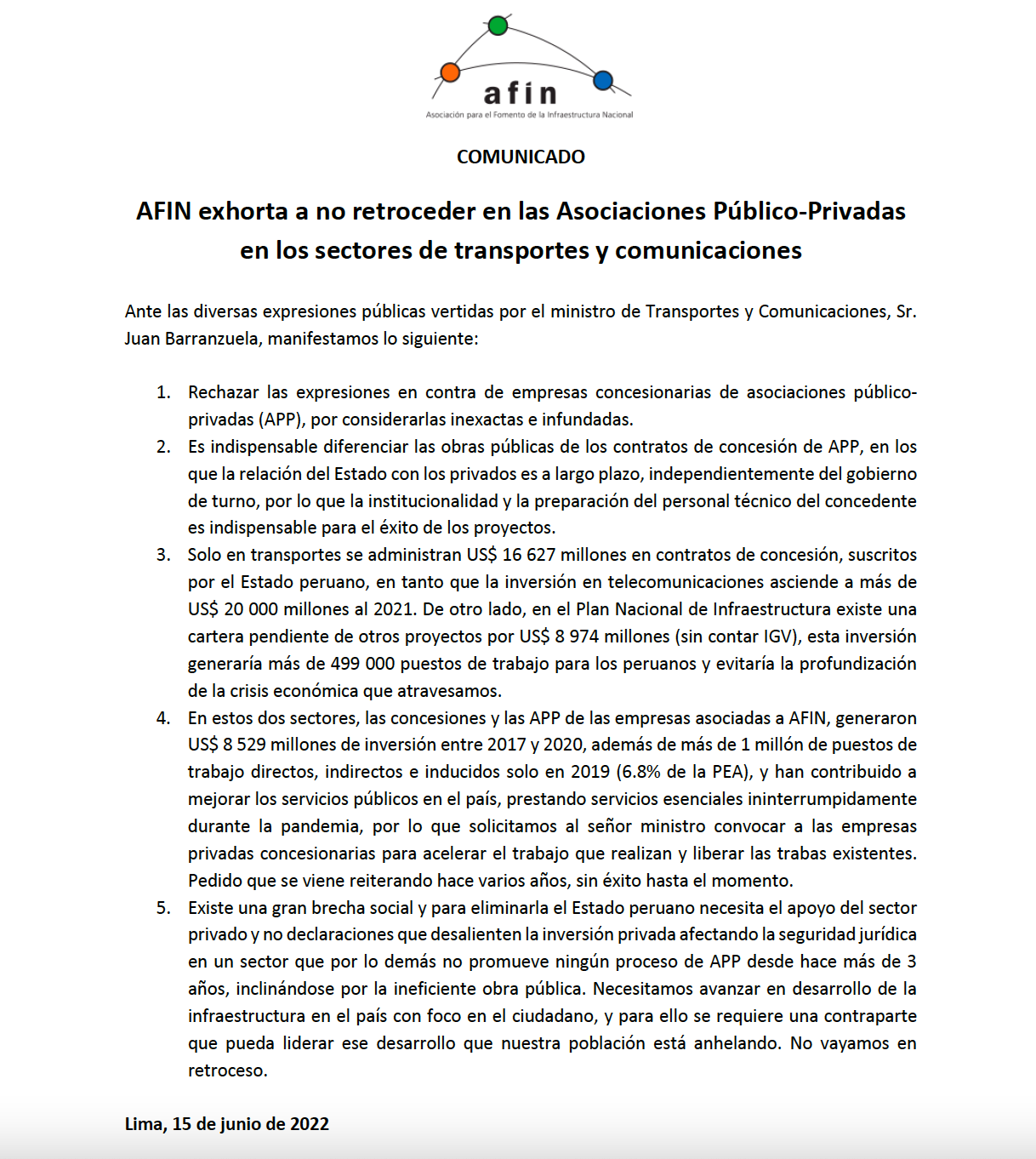  AFIN exhorta a no retroceder en las Asociaciones Público-Privadas en los sectores de transportes y comunicaciones 