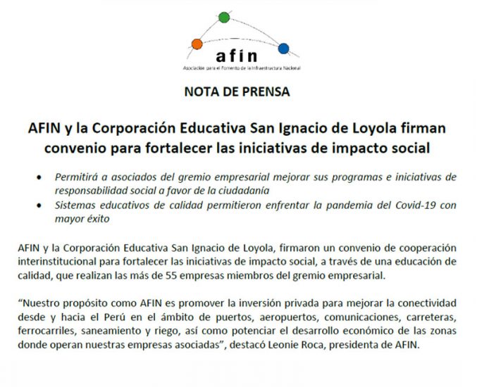 AFIN y la Corporación Educativa San Ignacio de Loyola firman convenio para fortalecer las iniciativas de impacto social