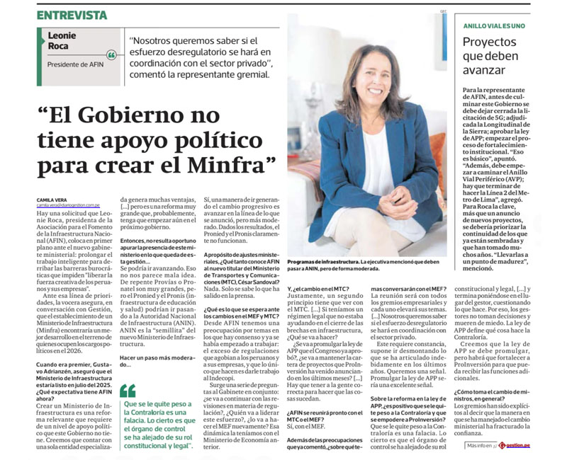 «El Gobierno no tiene apoyo político para crear el Minfra», entrevista a Leonie Roca, presidenta de AFIN
