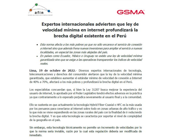 Expertos internacionales advierten que ley de velocidad mínima en internet profundizará la brecha digital existente en el Perú