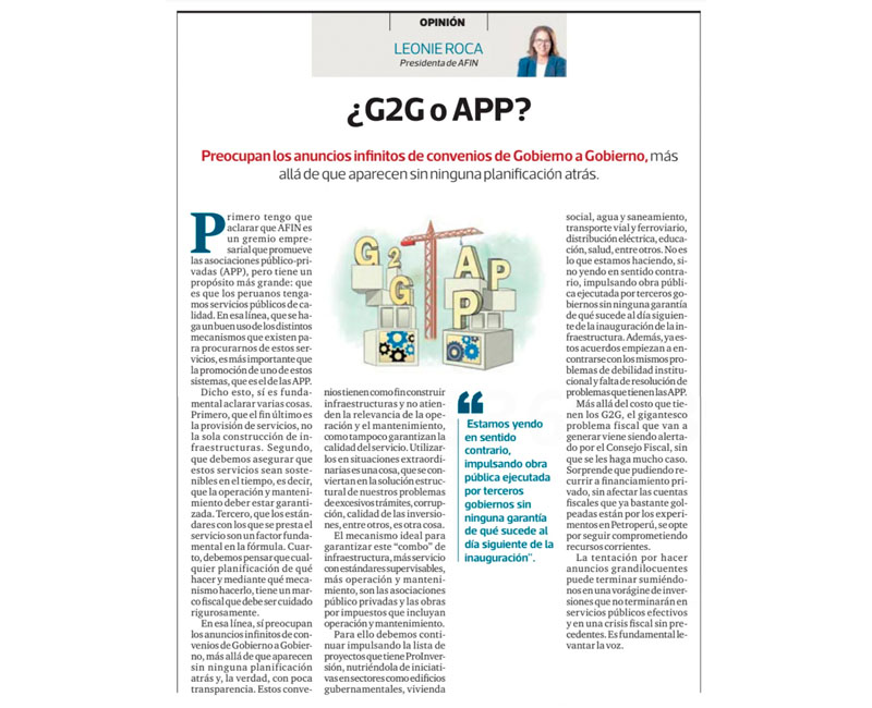 ¿G2G o APP? por Leonie Roca, presidenta de AFIN