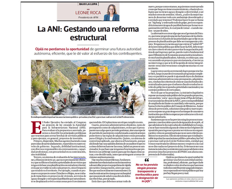 La ANI: Gestando una reforma estructural por Leonie Roca, presidenta de AFIN