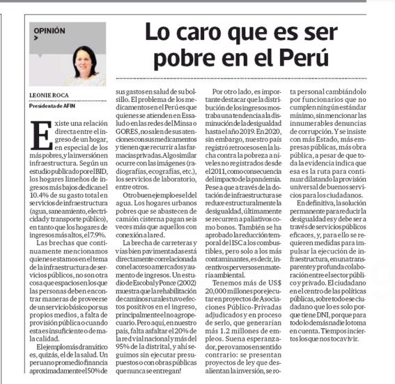 Lo caro que es ser pobre en el Perú por Leonie Roca, presidenta de AFIN