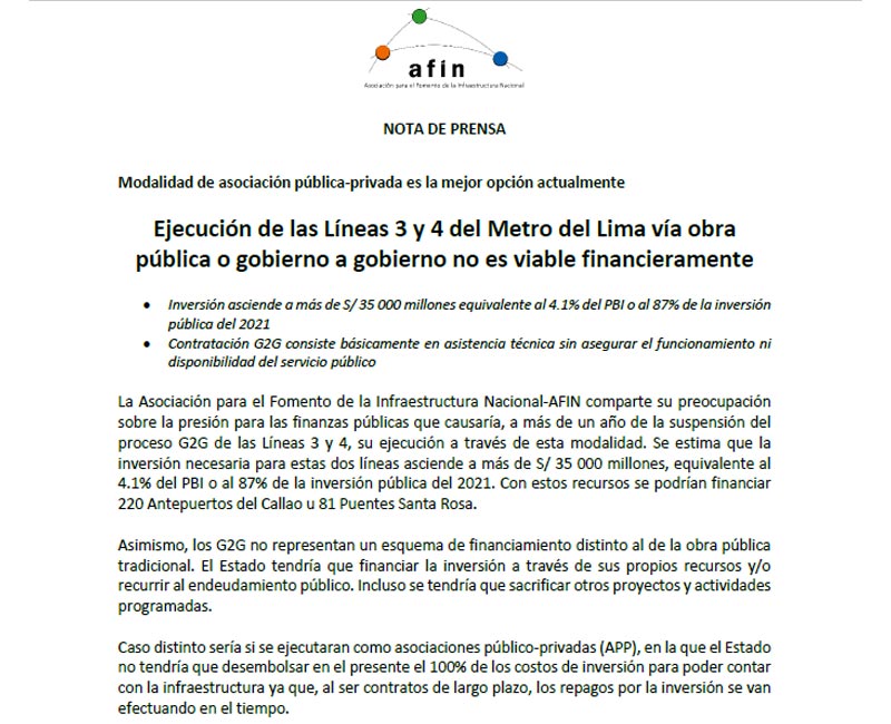 Ejecución de las Líneas 3 y 4 del Metro del Lima vía obra pública o gobierno a gobierno no es viable financieramente