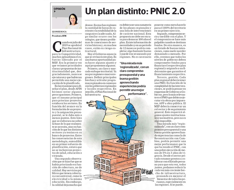 Un plan distinto: PNIC 2.0 por Leonie Roca, presidenta de AFIN