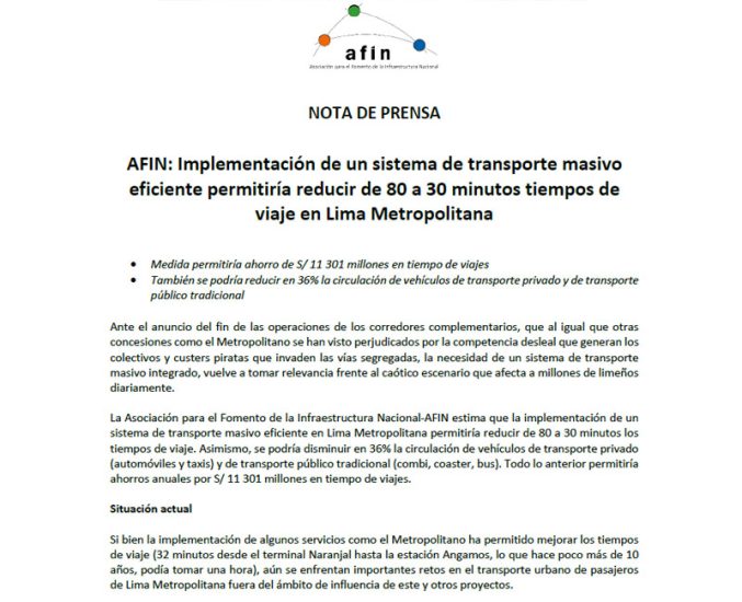 AFIN: Implementación de un sistema de transporte masivo eficiente permitiría reducir de 80 a 30 minutos tiempos de viaje en Lima Metropolitana