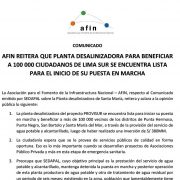 AFIN reitera que planta desalinizadora para beneficiar a 100 000 ciudadanos de Lima sur se encuentra lista para el inicio de su puesta en marcha