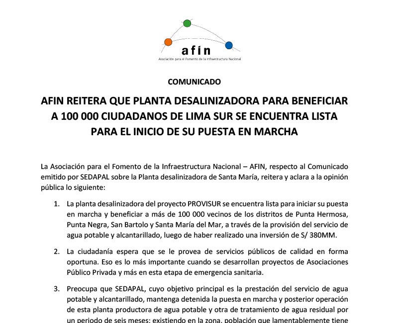 AFIN reitera que planta desalinizadora para beneficiar a 100 000 ciudadanos de Lima sur se encuentra lista para el inicio de su puesta en marcha