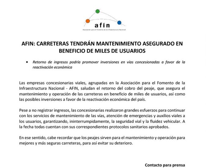 AFIN: Carreteras tendrán mantenimiento asegurado en beneficio de miles de usuarios