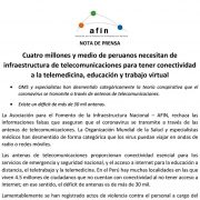 Cuatro millones y medio de peruanos necesitan de infraestructura de telecomunicaciones para tener conectividad a la telemedicina, educación y trabajo virtual