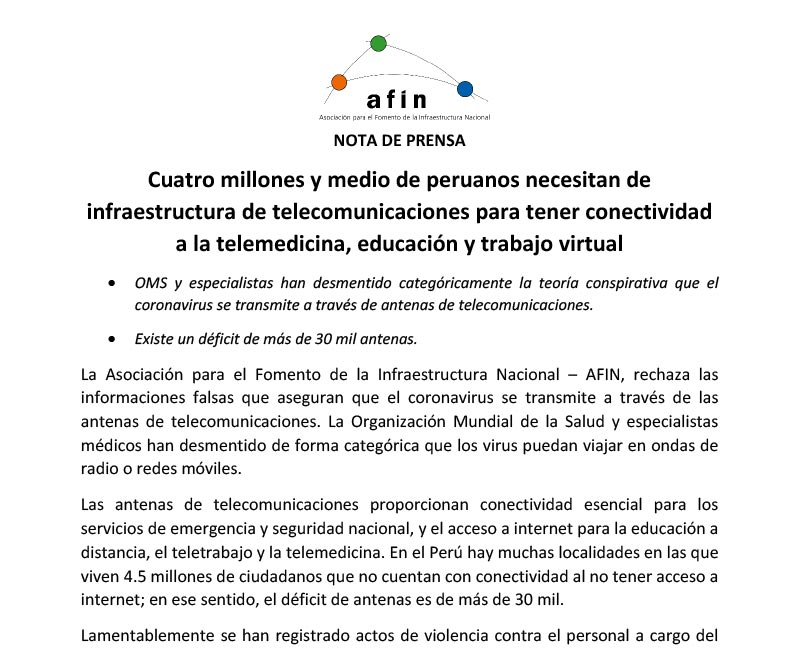Cuatro millones y medio de peruanos necesitan de infraestructura de telecomunicaciones para tener conectividad a la telemedicina, educación y trabajo virtual