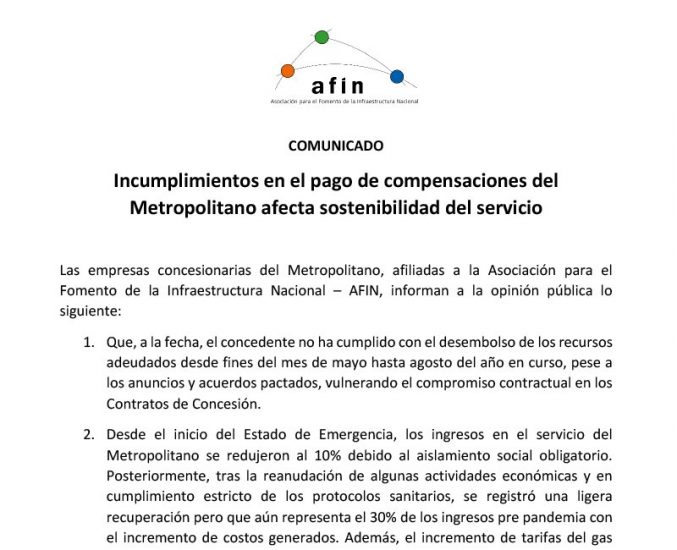 Incumplimientos en el pago de compensaciones del Metropolitano afecta sostenibilidad del servicio