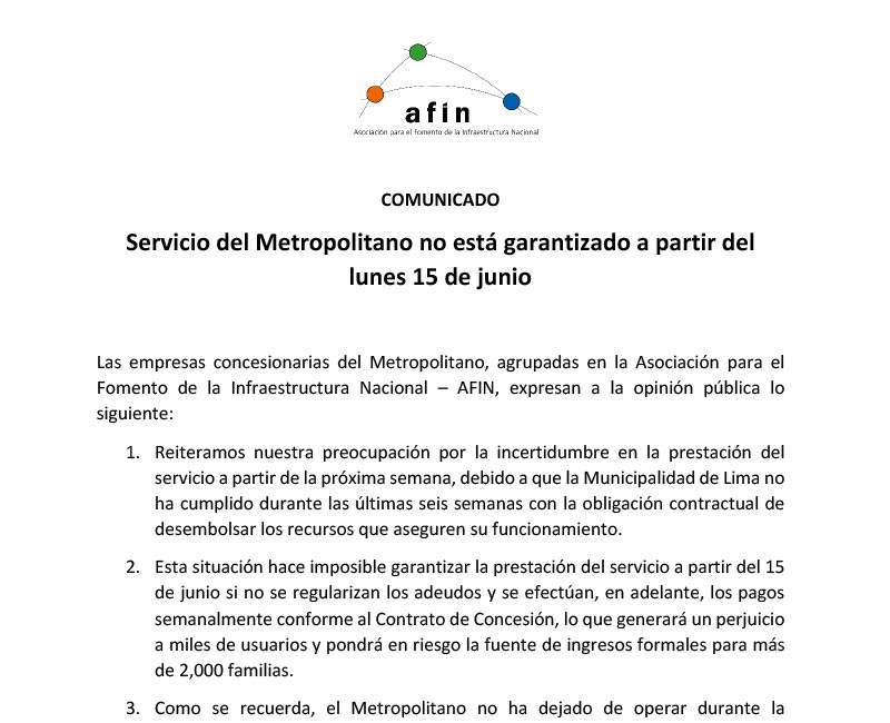 Servicio del Metropolitano no está garantizado a partir del lunes 15 de junio
