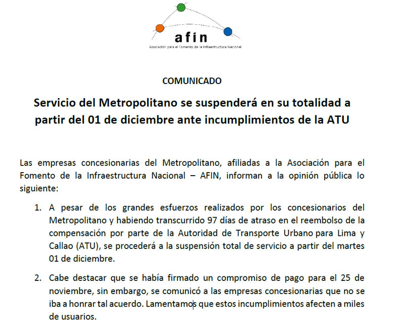 Servicio del Metropolitano se suspenderá en su totalidad a partir del 01 de diciembre ante incumplimientos de la ATU