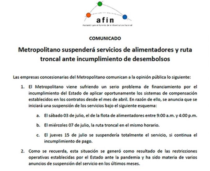 Metropolitano suspenderá servicios de alimentadores y ruta troncal ante incumplimiento de desembolsos