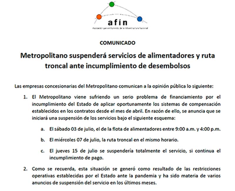 Metropolitano suspenderá servicios de alimentadores y ruta troncal ante incumplimiento de desembolsos