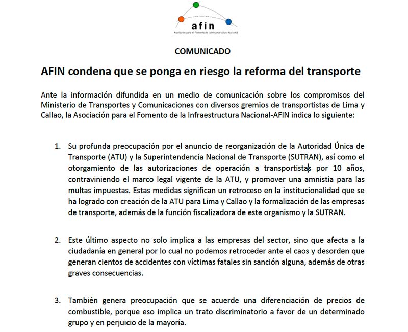 AFIN condena que se ponga en riesgo la reforma del transporte