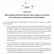  Metropolitano lamenta informar sobre riesgo en el servicio ante reiterado incumplimiento de desembolsos 