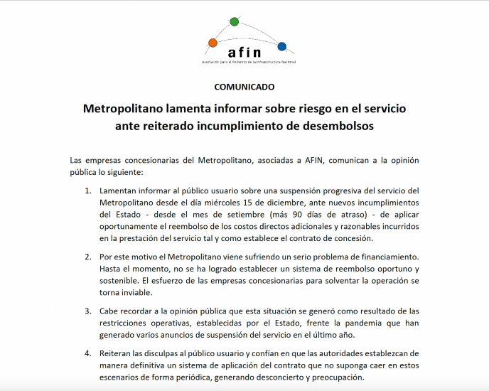  Metropolitano lamenta informar sobre riesgo en el servicio ante reiterado incumplimiento de desembolsos 