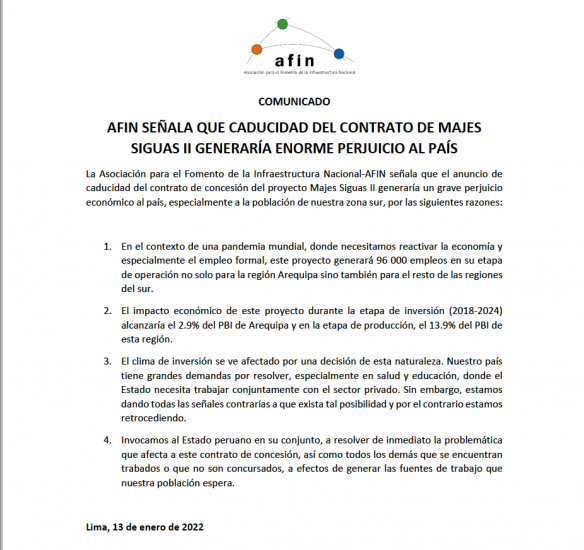 AFIN señala que caducidad del contrato de Majes Siguas II generaría enorme perjuicio al país