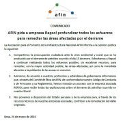 AFIN pide a empresa Repsol profundizar todos los esfuerzos para remediar las áreas afectadas por el derrame