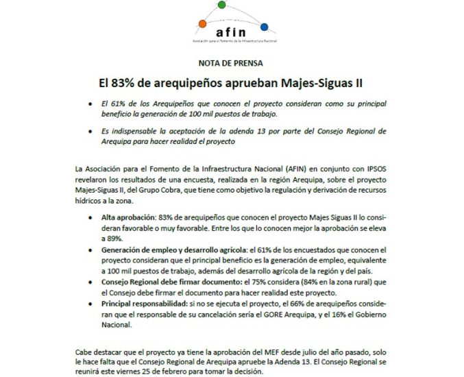 El 83% de arequipeños aprueban Majes-Siguas II