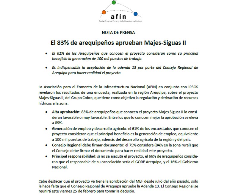 El 83% de arequipeños aprueban Majes-Siguas II