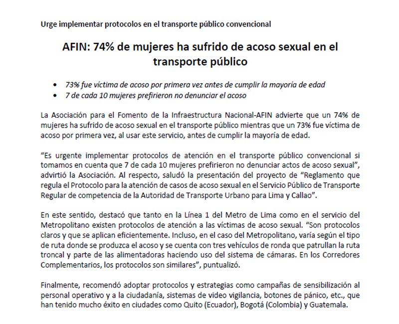 AFIN: 74% de mujeres ha sufrido de acoso sexual en el transporte público