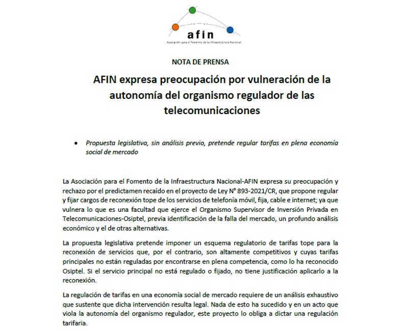 AFIN expresa preocupación por vulneración de la autonomía del organismo regulador de las telecomunicaciones