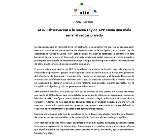  AFIN: Observación a la nueva Ley de APP envía una mala señal al sector privado 