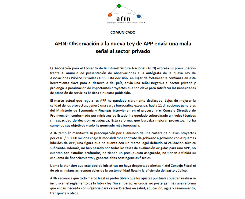 AFIN: Observación a la nueva Ley de APP envía una mala señal al sector privado