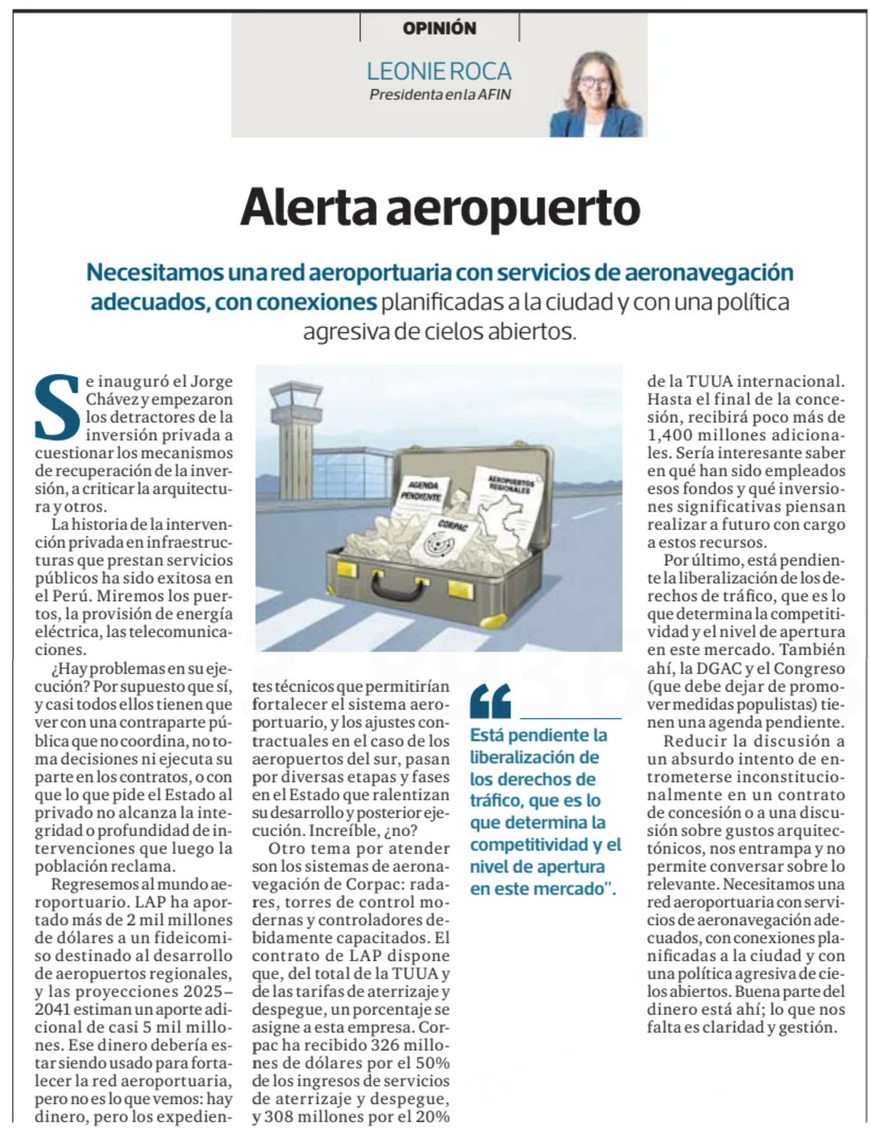 «Alerta aeropuerto», por Leonie Roca, presidenta de AFIN