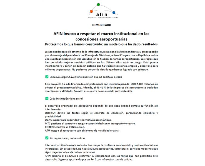  AFIN invoca a respetar el marco institucional en las concesiones aeroportuarias 