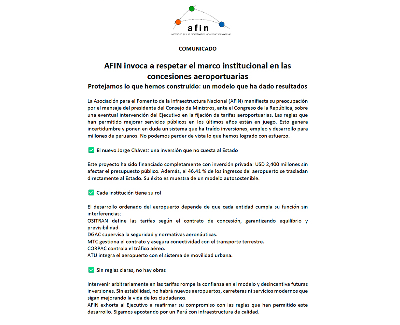  AFIN invoca a respetar el marco institucional en las concesiones aeroportuarias 