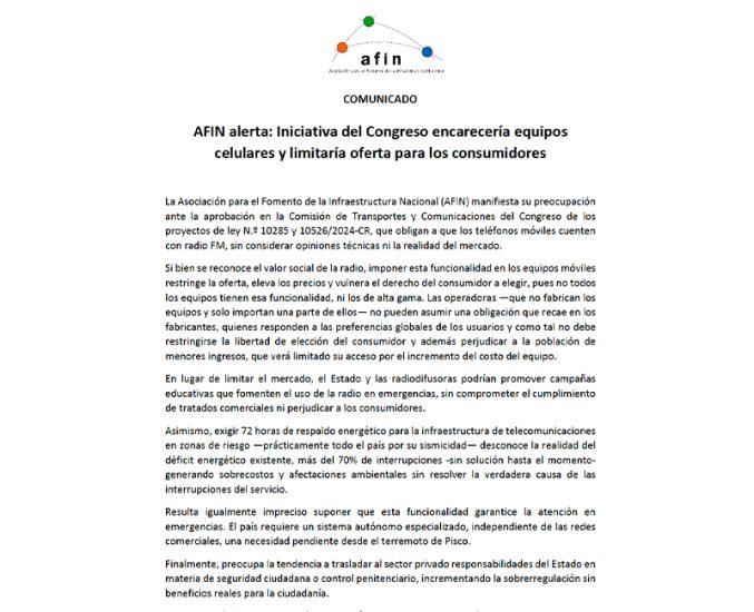 AFIN alerta: Iniciativa del Congreso encarecería equipos celulares y limitaría oferta para los consumidores 