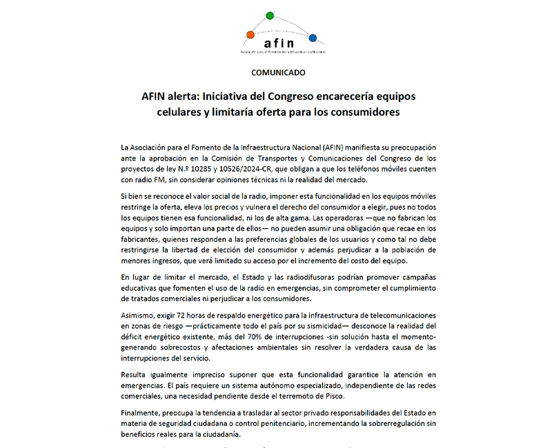 AFIN alerta: Iniciativa del Congreso encarecería equipos celulares y limitaría oferta para los consumidores 