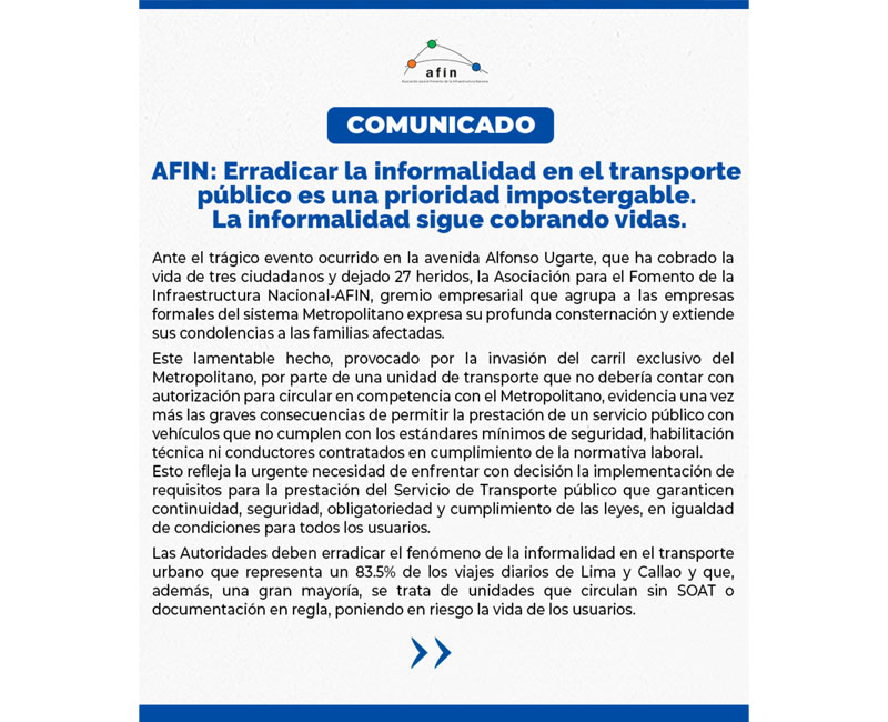 AFIN: Erradicar la Informalidad en el transporte público es una prioridad impostergable. La informalidad sigue cobrando vidas.