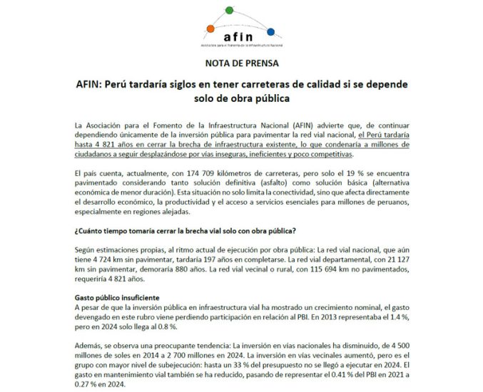 AFIN: Perú tardaría siglos en tener carreteras de calidad si se depende solo de obra pública