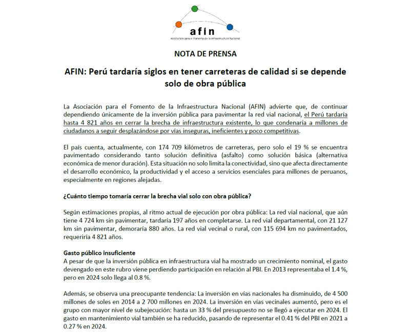 AFIN: Perú tardaría siglos en tener carreteras de calidad si se depende solo de obra pública