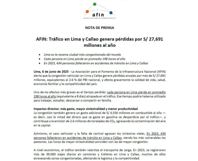 AFIN: Tráfico en Lima y Callao genera pérdidas por S/ 27,691 millones al año