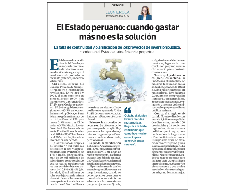 El Estado peruano: cuando gastar más no es la solución, por Leonie Roca, presidenta de AFIN